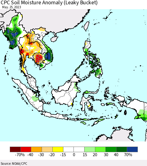South East Asia CPC Soil Moisture Anomaly (Leaky Bucket) Thematic Map For 5/21/2023 - 5/25/2023