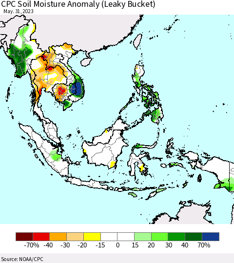 South East Asia CPC Soil Moisture Anomaly (Leaky Bucket) Thematic Map For 5/26/2023 - 5/31/2023