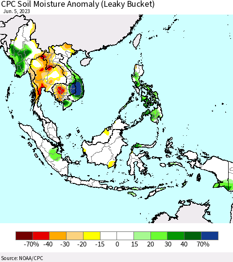 South East Asia CPC Soil Moisture Anomaly (Leaky Bucket) Thematic Map For 6/1/2023 - 6/5/2023