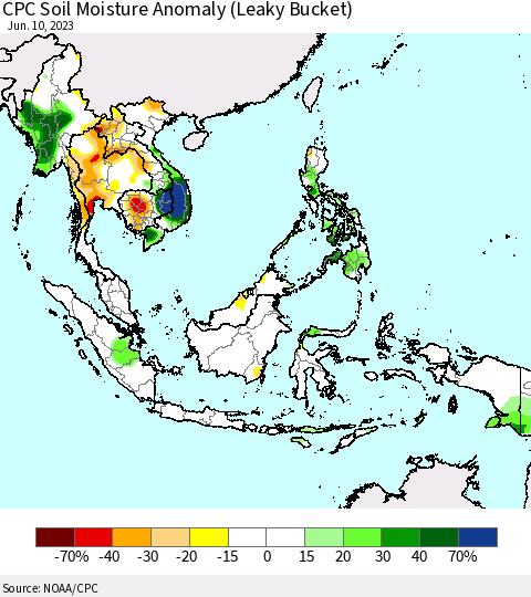 South East Asia CPC Soil Moisture Anomaly (Leaky Bucket) Thematic Map For 6/6/2023 - 6/10/2023