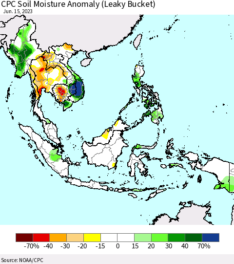 South East Asia CPC Soil Moisture Anomaly (Leaky Bucket) Thematic Map For 6/11/2023 - 6/15/2023