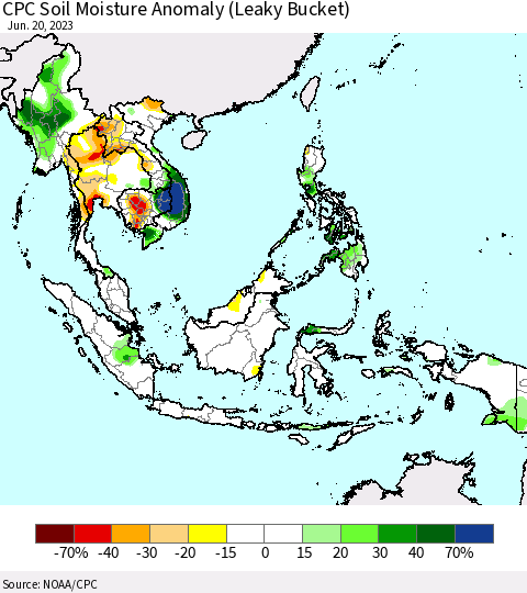 South East Asia CPC Soil Moisture Anomaly (Leaky Bucket) Thematic Map For 6/16/2023 - 6/20/2023