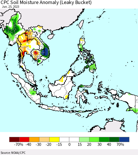 South East Asia CPC Soil Moisture Anomaly (Leaky Bucket) Thematic Map For 6/21/2023 - 6/25/2023