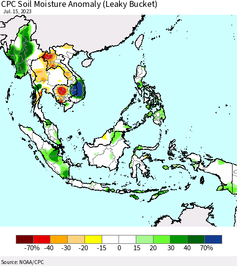 South East Asia CPC Soil Moisture Anomaly (Leaky Bucket) Thematic Map For 7/11/2023 - 7/15/2023