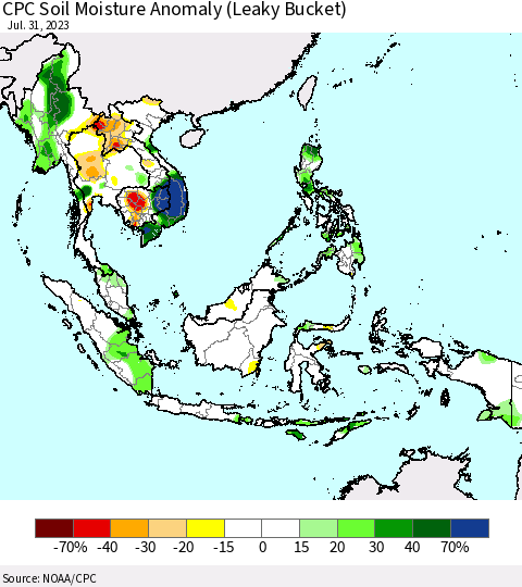 South East Asia CPC Soil Moisture Anomaly (Leaky Bucket) Thematic Map For 7/26/2023 - 7/31/2023