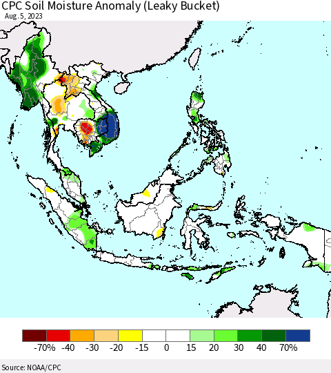 South East Asia CPC Soil Moisture Anomaly (Leaky Bucket) Thematic Map For 8/1/2023 - 8/5/2023
