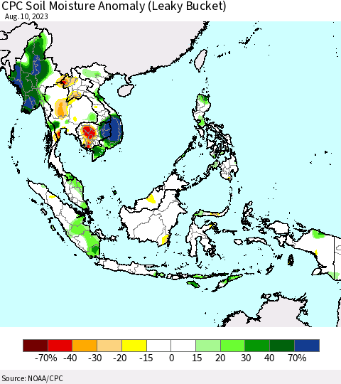 South East Asia CPC Soil Moisture Anomaly (Leaky Bucket) Thematic Map For 8/6/2023 - 8/10/2023