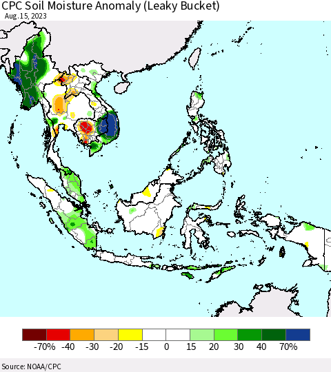 South East Asia CPC Soil Moisture Anomaly (Leaky Bucket) Thematic Map For 8/11/2023 - 8/15/2023