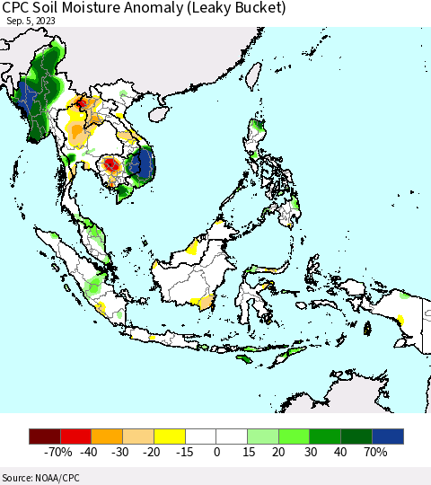 South East Asia CPC Soil Moisture Anomaly (Leaky Bucket) Thematic Map For 9/1/2023 - 9/5/2023