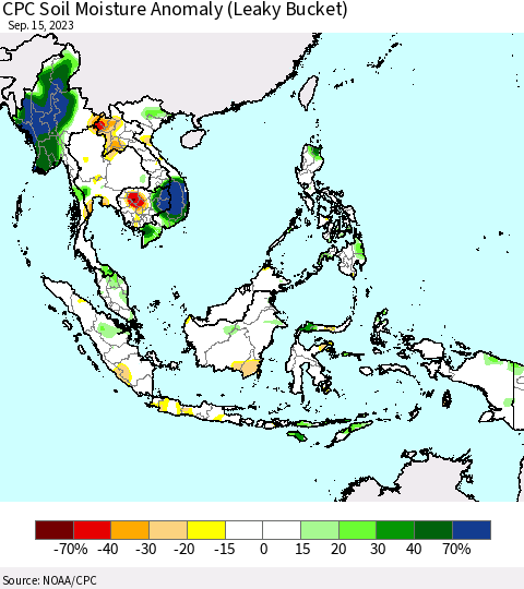South East Asia CPC Soil Moisture Anomaly (Leaky Bucket) Thematic Map For 9/11/2023 - 9/15/2023