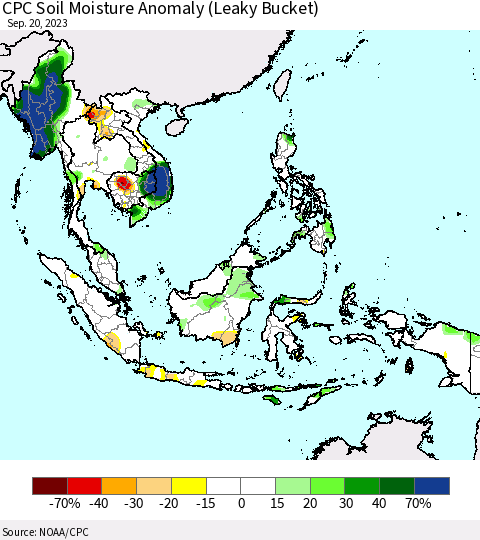 South East Asia CPC Soil Moisture Anomaly (Leaky Bucket) Thematic Map For 9/16/2023 - 9/20/2023