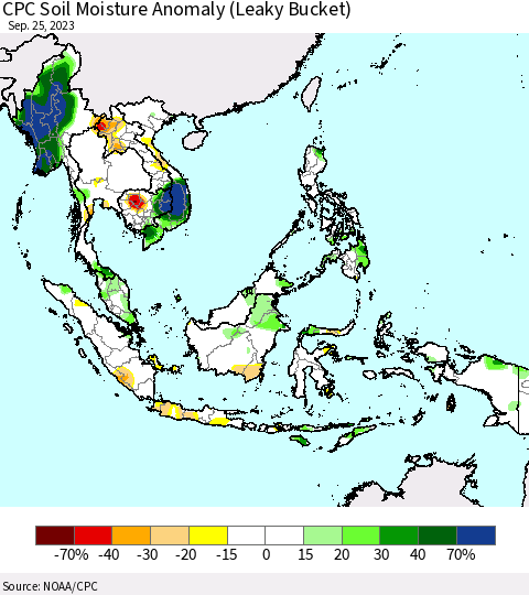 South East Asia CPC Soil Moisture Anomaly (Leaky Bucket) Thematic Map For 9/21/2023 - 9/25/2023