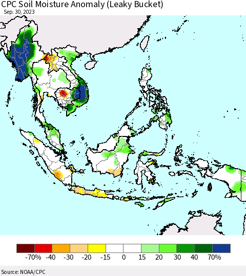 South East Asia CPC Soil Moisture Anomaly (Leaky Bucket) Thematic Map For 9/26/2023 - 9/30/2023