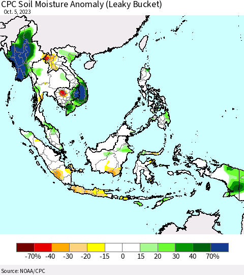 South East Asia CPC Soil Moisture Anomaly (Leaky Bucket) Thematic Map For 10/1/2023 - 10/5/2023