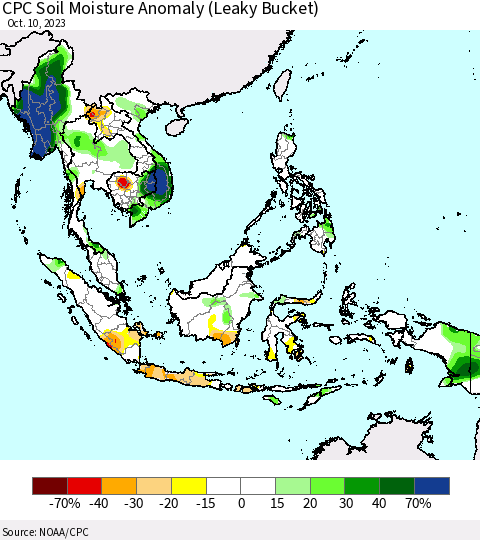 South East Asia CPC Soil Moisture Anomaly (Leaky Bucket) Thematic Map For 10/6/2023 - 10/10/2023