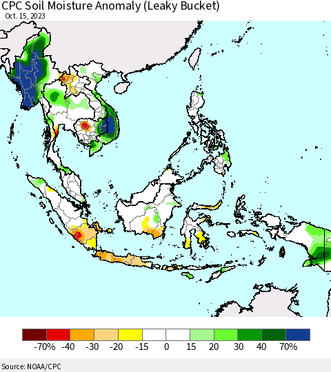 South East Asia CPC Soil Moisture Anomaly (Leaky Bucket) Thematic Map For 10/11/2023 - 10/15/2023