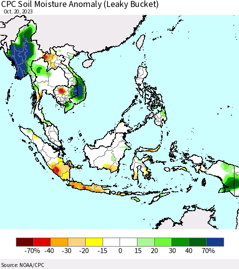 South East Asia CPC Soil Moisture Anomaly (Leaky Bucket) Thematic Map For 10/16/2023 - 10/20/2023