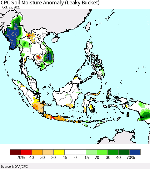 South East Asia CPC Soil Moisture Anomaly (Leaky Bucket) Thematic Map For 10/21/2023 - 10/25/2023