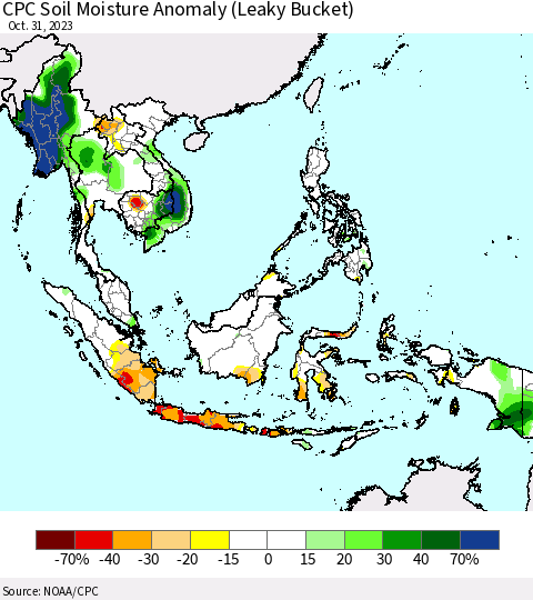 South East Asia CPC Soil Moisture Anomaly (Leaky Bucket) Thematic Map For 10/26/2023 - 10/31/2023