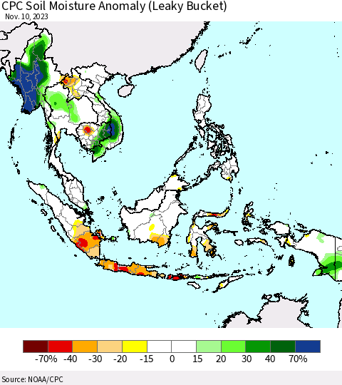 South East Asia CPC Soil Moisture Anomaly (Leaky Bucket) Thematic Map For 11/6/2023 - 11/10/2023