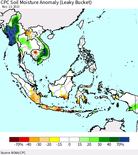 South East Asia CPC Soil Moisture Anomaly (Leaky Bucket) Thematic Map For 11/11/2023 - 11/15/2023