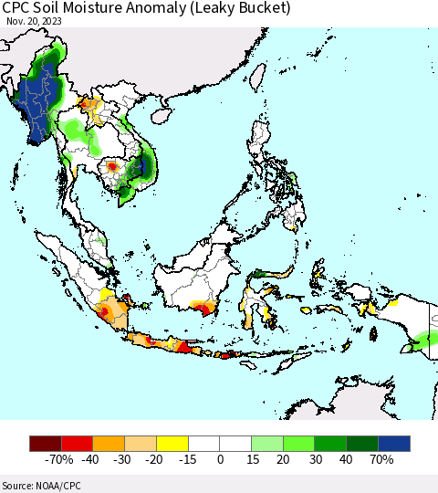 South East Asia CPC Soil Moisture Anomaly (Leaky Bucket) Thematic Map For 11/16/2023 - 11/20/2023