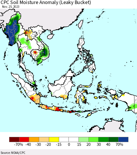 South East Asia CPC Soil Moisture Anomaly (Leaky Bucket) Thematic Map For 11/21/2023 - 11/25/2023