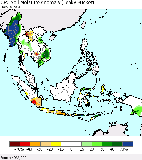 South East Asia CPC Soil Moisture Anomaly (Leaky Bucket) Thematic Map For 12/6/2023 - 12/10/2023