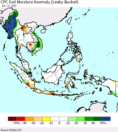 South East Asia CPC Soil Moisture Anomaly (Leaky Bucket) Thematic Map For 12/26/2023 - 12/31/2023