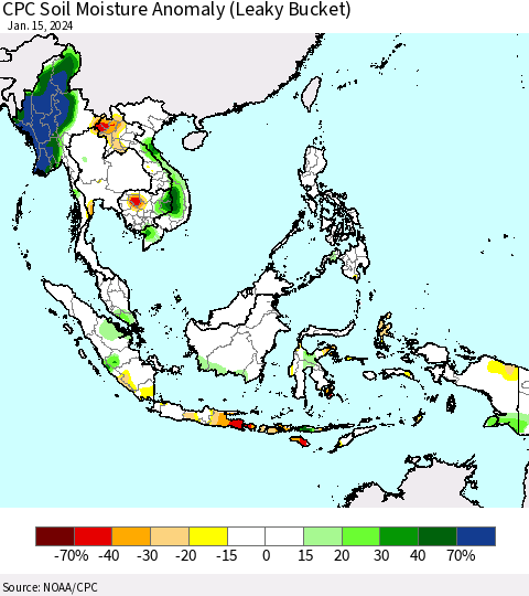 South East Asia CPC Soil Moisture Anomaly (Leaky Bucket) Thematic Map For 1/11/2024 - 1/15/2024