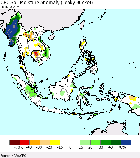 South East Asia CPC Soil Moisture Anomaly (Leaky Bucket) Thematic Map For 3/6/2024 - 3/10/2024