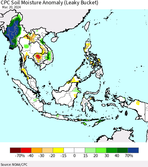 South East Asia CPC Soil Moisture Anomaly (Leaky Bucket) Thematic Map For 3/16/2024 - 3/20/2024