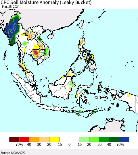 South East Asia CPC Soil Moisture Anomaly (Leaky Bucket) Thematic Map For 3/21/2024 - 3/25/2024