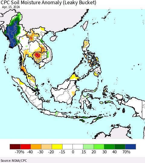 South East Asia CPC Soil Moisture Anomaly (Leaky Bucket) Thematic Map For 4/11/2024 - 4/15/2024