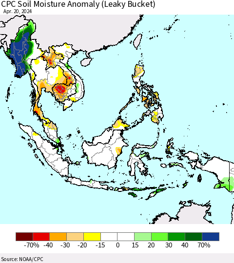 South East Asia CPC Soil Moisture Anomaly (Leaky Bucket) Thematic Map For 4/16/2024 - 4/20/2024