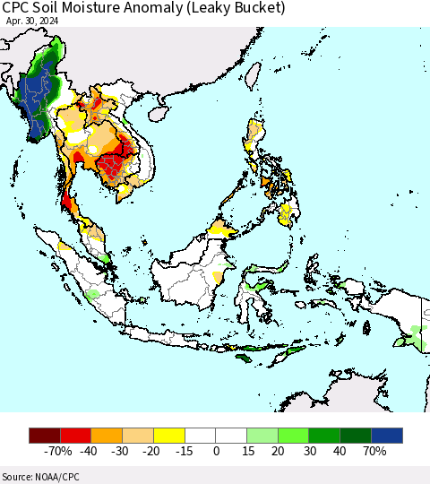 South East Asia CPC Soil Moisture Anomaly (Leaky Bucket) Thematic Map For 4/26/2024 - 4/30/2024