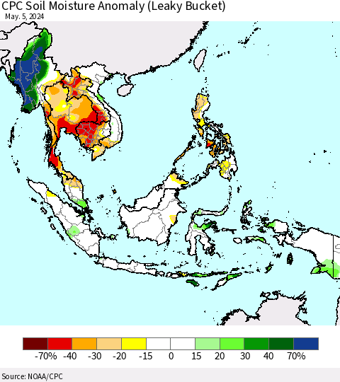 South East Asia CPC Soil Moisture Anomaly (Leaky Bucket) Thematic Map For 5/1/2024 - 5/5/2024