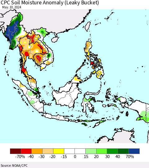 South East Asia CPC Soil Moisture Anomaly (Leaky Bucket) Thematic Map For 5/6/2024 - 5/10/2024