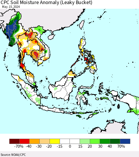 South East Asia CPC Soil Moisture Anomaly (Leaky Bucket) Thematic Map For 5/11/2024 - 5/15/2024