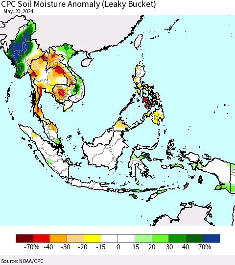 South East Asia CPC Soil Moisture Anomaly (Leaky Bucket) Thematic Map For 5/16/2024 - 5/20/2024