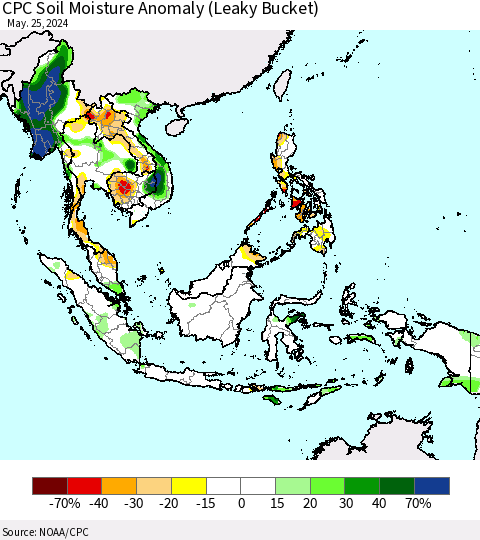South East Asia CPC Soil Moisture Anomaly (Leaky Bucket) Thematic Map For 5/21/2024 - 5/25/2024