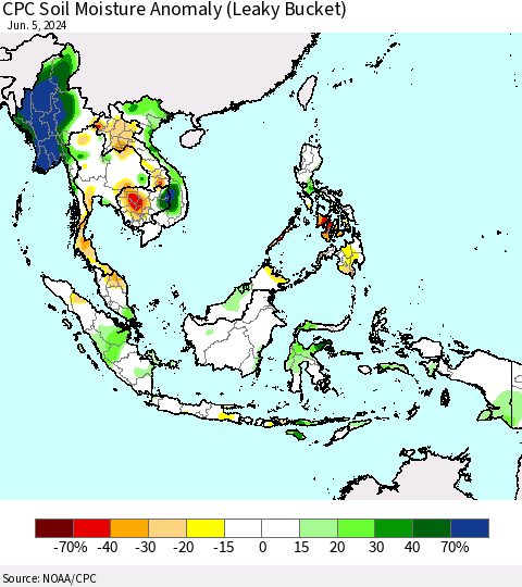 South East Asia CPC Soil Moisture Anomaly (Leaky Bucket) Thematic Map For 6/1/2024 - 6/5/2024