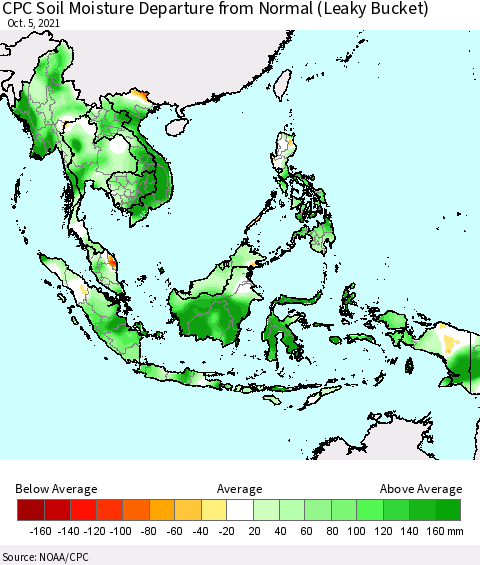 South East Asia CPC Soil Moisture Departure from Normal (Leaky Bucket) Thematic Map For 10/1/2021 - 10/5/2021