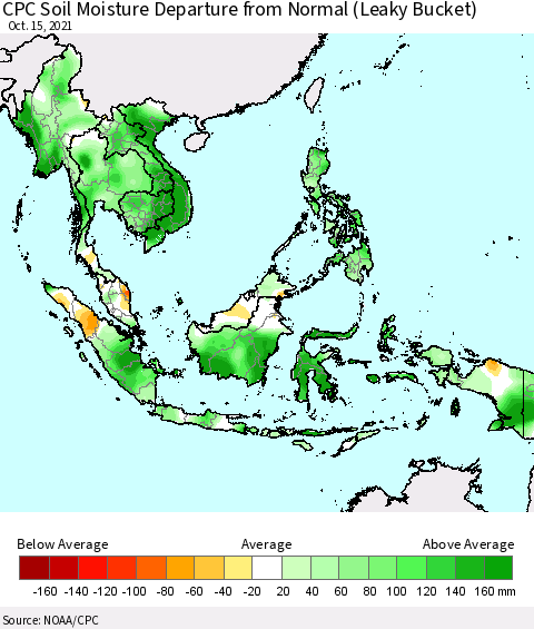 South East Asia CPC Soil Moisture Departure from Normal (Leaky Bucket) Thematic Map For 10/11/2021 - 10/15/2021