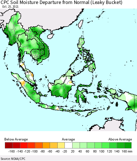 South East Asia CPC Soil Moisture Departure from Normal (Leaky Bucket) Thematic Map For 10/21/2021 - 10/25/2021