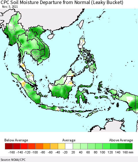 South East Asia CPC Soil Moisture Departure from Normal (Leaky Bucket) Thematic Map For 11/1/2021 - 11/5/2021