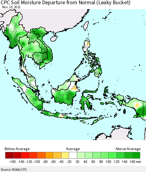 South East Asia CPC Soil Moisture Departure from Normal (Leaky Bucket) Thematic Map For 11/6/2021 - 11/10/2021