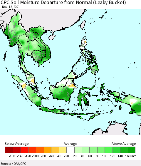 South East Asia CPC Soil Moisture Departure from Normal (Leaky Bucket) Thematic Map For 11/11/2021 - 11/15/2021
