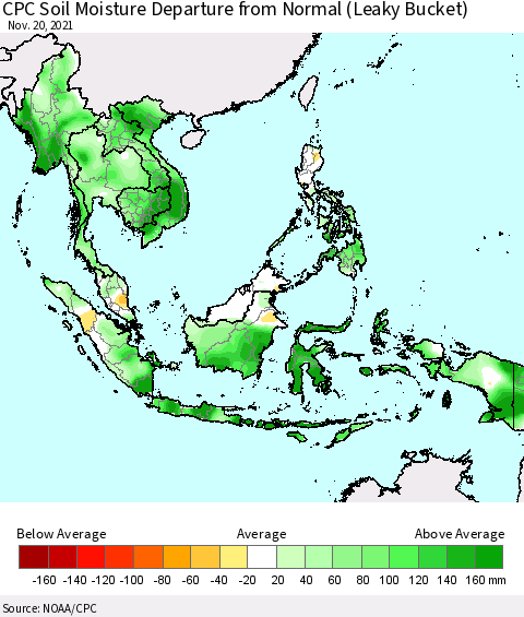 South East Asia CPC Soil Moisture Departure from Normal (Leaky Bucket) Thematic Map For 11/16/2021 - 11/20/2021