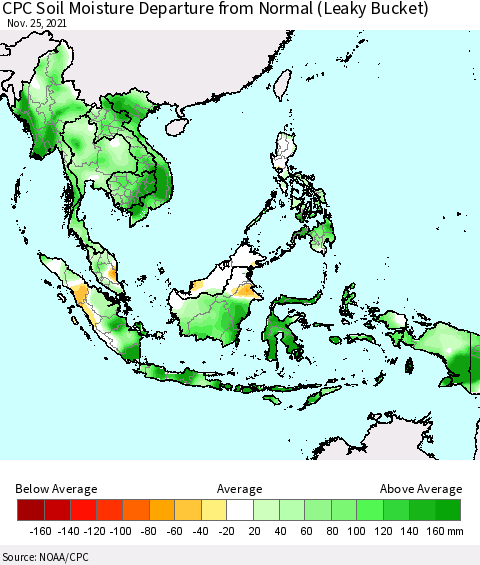 South East Asia CPC Soil Moisture Departure from Normal (Leaky Bucket) Thematic Map For 11/21/2021 - 11/25/2021